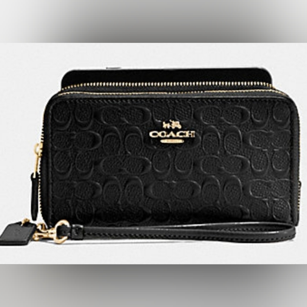 NWT Coach Black Signature Debossed Patent Leather Double Zip Wallet